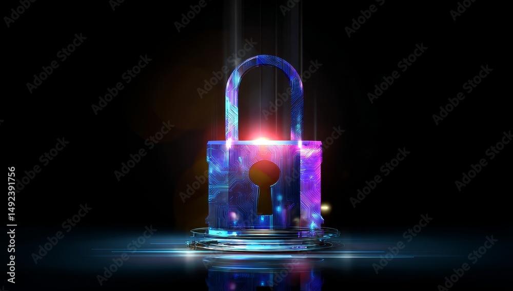 Poster abstract glowing lock with circuit patterns - advanced cyber security & holographic data streams