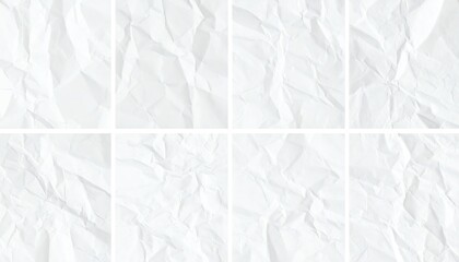 Obraz premium Crumpled white paper textures arranged in a grid, showcasing varying degrees of wrinkling and shadow, ideal for backgrounds or design elements