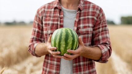 Fototapeta premium Man is holding a watermelon in his hand. The watermelon is large and round, and the man is wearing a red plaid shirt. The scene takes place in a field, with a few other people