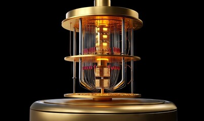 Golden Quantum Computer with Layered Glass Tubes & Mechanical Core - Futuristic Tech Luxury