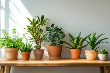 Fototapeta premium Potted plants in terracotta pots on a wooden bench