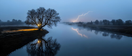 Misty River Landscape With Illuminated Tree