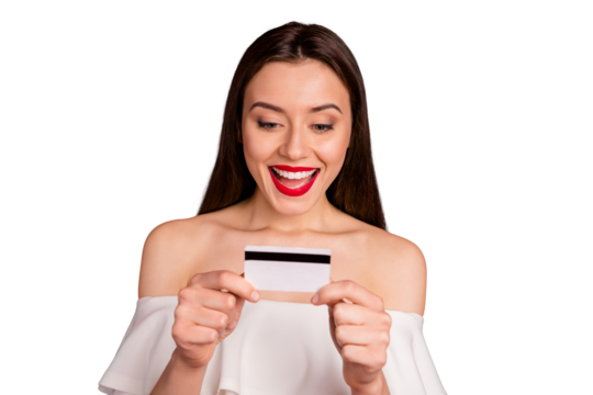 Close up photo of pretty youth holding plastic card screaming shouting dressed off-shoulders isolated over red background