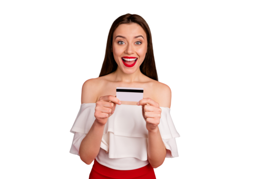 Portrait of sweet lady holding plastic card screaming shouting dressed white blouse top isolated over red background