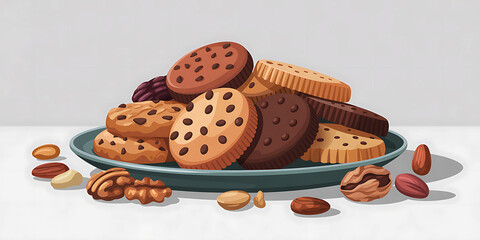Pile of cookies and nuts isolated on white background illustration