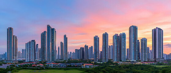 Panoramic View Of Modern City Skyline At Sunset