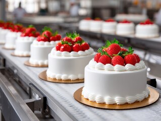 White frosted cakes with fresh strawberries, move along a conveyor belt, in a commercial bakery setting.