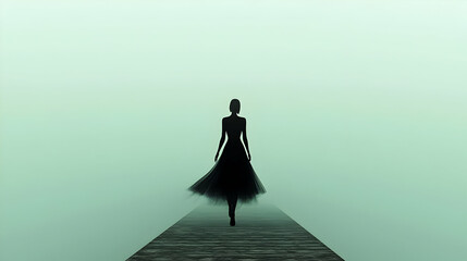 Silhouette Woman Walking In Foggy Path