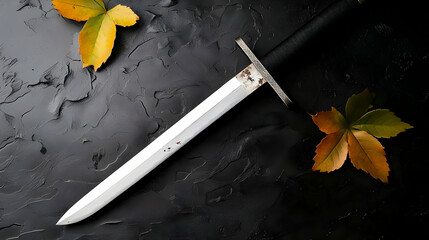 Antique Dagger On Dark Stone Surface With Autumn Leaves