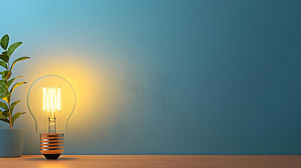 Warm Light Bulb With Plant On Wooden Desk