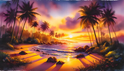 Tropical Sunset Paradise: Serene Beach with Palm Trees and Vibrant Sky