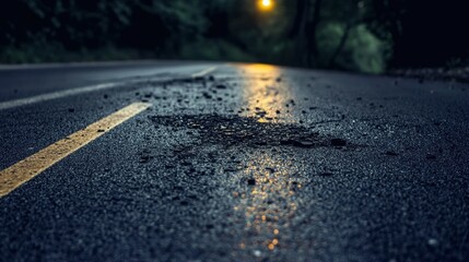 Damaged asphalt road, evening light, small stones.