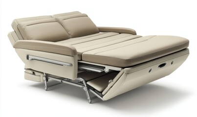 Beige sofa bed transforming, studio shot, white background, furniture catalog