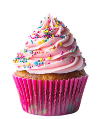 Pink Frosted Cupcake with Colorful Sprinkles on White Background

