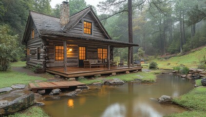 Fototapeta premium Rustic log cabin nestled beside a tranquil pond.