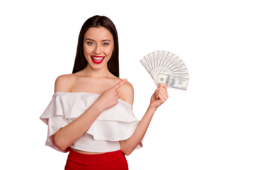 Portrait of stunning person holding large sum indicating wearing white off-shoulders isolated over red background