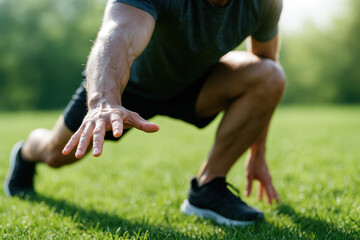 A man stretching outdoors on grass, reaching forward with one hand, wearing athletic clothing, preparing for exercise.