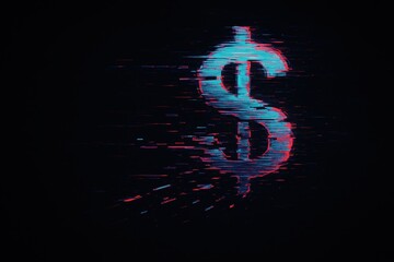 A digital, glitchy dollar sign symbol appears on a dark background, suggesting themes of finance, technology, and cyber concepts.