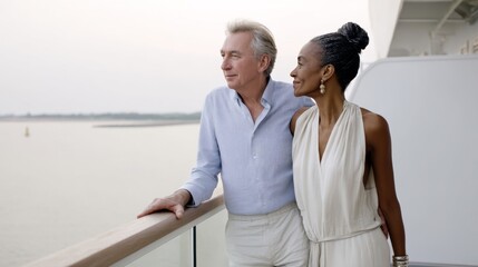 Man and woman are standing on a deck of a cruise ship, looking out at the water