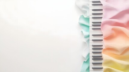 Creative Music Concept with Colorful Ribbons and Piano Keys on Soft Background