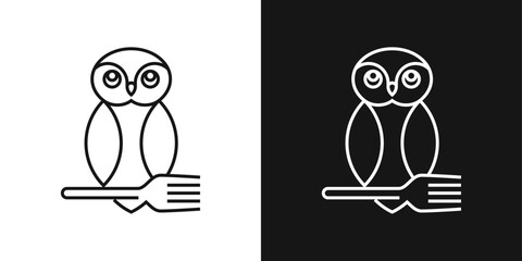 Minimal owl on fork logo. Elegant line art design for smart restaurant or culinary branding.