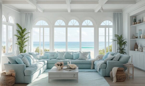 Coastal living room ocean view, bright interior design, beach house relaxation