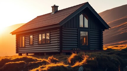 Rewilding efforts breathe life into remote mountain cabins at sunset, blending nature and architecture in scenic harmony Generative AI