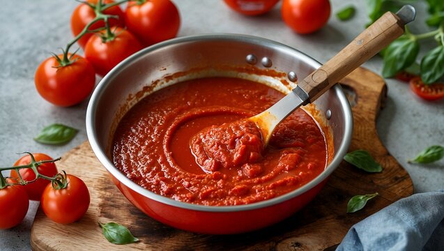 Crafting rich tomato paste sauce from fresh ingredients