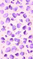Floral Pattern of Purple Flower Petals Scattered on Light Pink Background Flat Lay Still Life