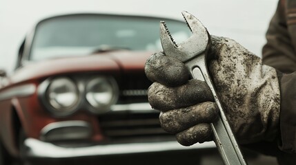 A mechanics gloved hand holds a wrench near an old car, emphasizing the hard work and dedication of auto repair