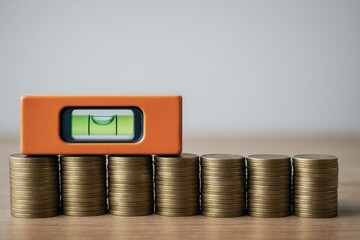 A spirit level rests on stacks of coins, symbolizing financial balance and economic stability.