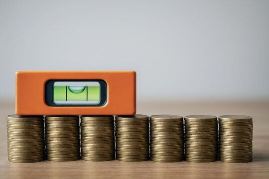 A spirit level rests on stacks of coins, symbolizing financial balance and economic stability.