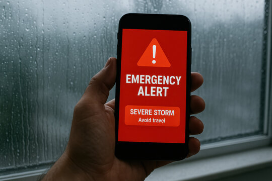Smartphone displaying emergency alert for severe storm, warning users to avoid travel, with raindrops on window in background, emphasizing urgency and safety awareness