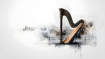 Elegant Harp with Flowing Musical Notes in Artistic Watercolor Style