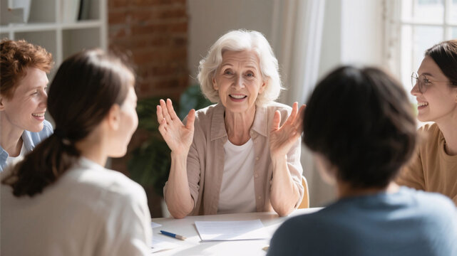 Elderly woman in a bright, naturally lit space, using expressive gestures during a storytelling session, supporting brain health
