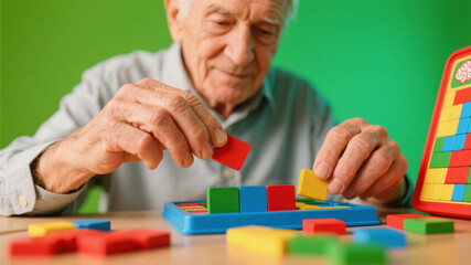 Senior hands arranging pieces in a brain game, promoting cognitive health, memory support, and mental agility