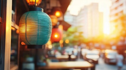 Fototapeta premium Vibrant Lantern Glowing at Sunset in a Urban Setting with Soft Bokeh Background