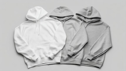 Three hoodies are stacked on top of each other, with one white and two gray. The white hoodie is the tallest and the gray hoodies are shorter. The white hoodie is the only one with a logo on it