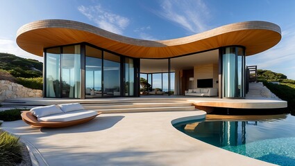 Fototapeta premium Curvaceous coastal residence embracing sustainable modern design