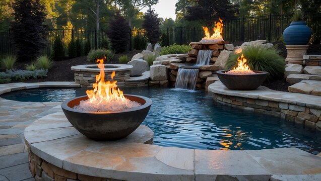 Custom pool featuring fire pots and waterfall