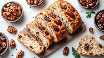 Sliced bread with dates and pecans on wooden board