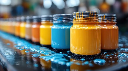 Vibrant paint jars in artistic arrangement on work surface with colorful splashes