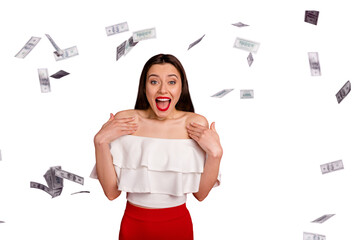 Portrait of lovely millionaire woman screaming shouting wearing trendy blouse isolated over red...