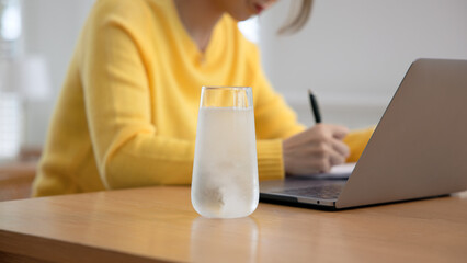 Happy fresh asia people young adult woman take skin care detox pill folic iron drinking diet zinc...