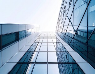 Modern glass buildings tall structures from ground perspective