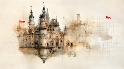 Obraz premium Enchanting Fantasy Castle with Turrets and Flags in an Artistic Watercolor Style