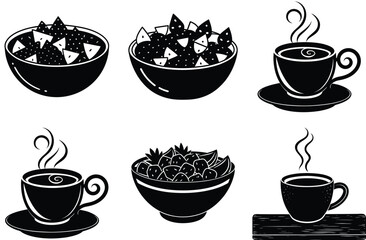 set of coffee cups and food