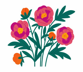 Vibrant Pink and Orange Peonies Floral Bouquet Illustration