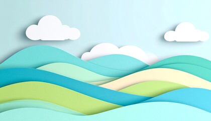 Obraz premium A serene landscape of layered waves in soft colors, accompanied by fluffy clouds against a light blue background, creating a tranquil and artistic atmosphere