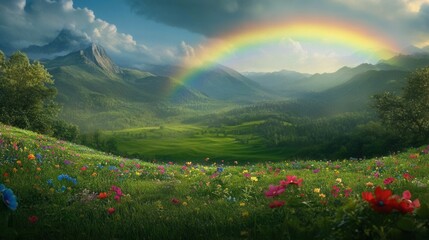 Rainbow over vibrant wildflowers, mountainous landscape.